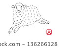 Cute sheep illustration running lightly. Stylish New Year's card material in sumi-e style. Vector 136266128
