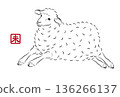 Cute sheep illustration running lightly. Stylish New Year's card material in sumi-e style. Vector 136266137