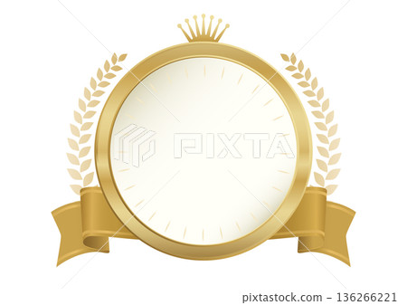 金色圓形獎牌框，配有皇冠、月桂花環和緞帶向量素材 136266221