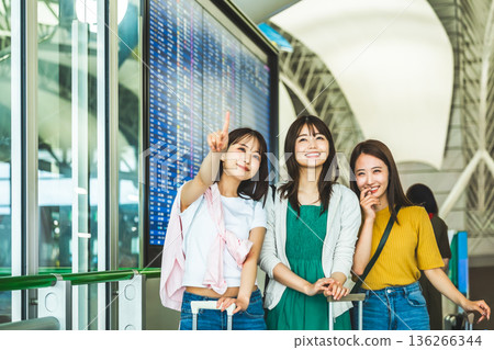 Friends planning a trip at the airport. Photo courtesy of Kansai International Airport (KIX). 136266344