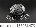 Human brain model with question marks drawn with chalk on scholl blackboard. Concept of problems, solutions, doubts, mind and mental activity. 136266475