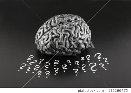 Human brain model with question marks drawn with chalk on scholl blackboard. Concept of problems, solutions, doubts, mind and mental activity. 136266475
