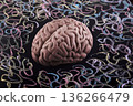 Human brain model surrounded by colorful curly lines drawn with chalk on scholl blackboard. Psychology, mental health or creative mind concept. 136266479