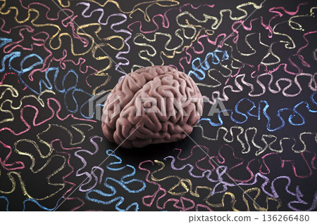 Human brain model surrounded by colorful curly lines drawn with chalk on scholl blackboard. Psychology, mental health or creative mind concept. 136266480