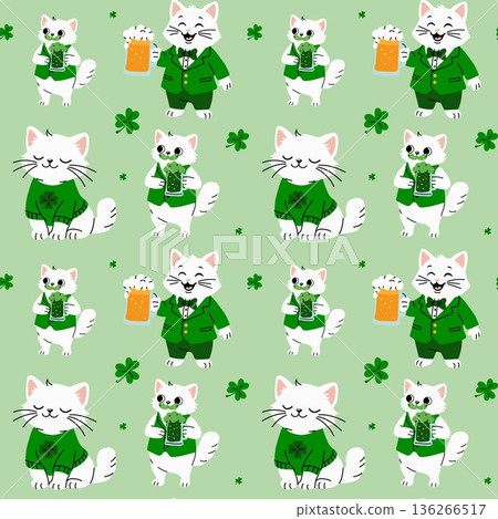 St. Patricks Day Cat Seamless Pattern with Beer and Shamrocks St. Patricks Day Cat Seamless Pattern with Beer and Shamrocks 136266517
