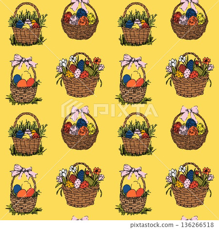 Easter Basket Seamless Pattern with Colorful Eggs on Yellow Background Easter Basket Seamless Pattern with Colorful Eggs on Yellow Background 136266518