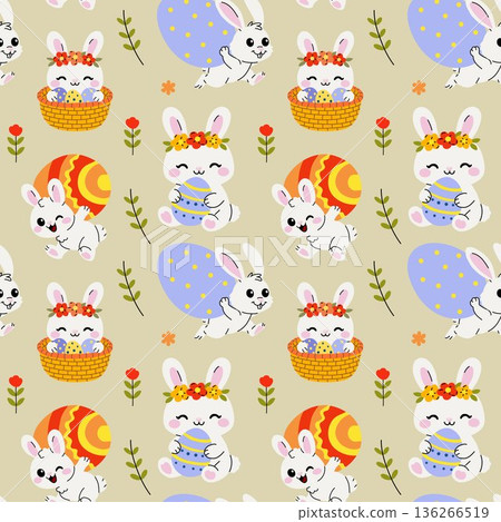 Cute Easter Bunny Seamless Pattern with Eggs and Flowers 136266519