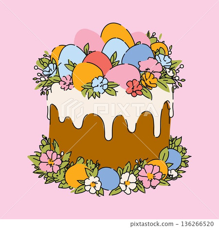 Festive Easter Cake Decorated with Eggs and Spring Florals 136266520