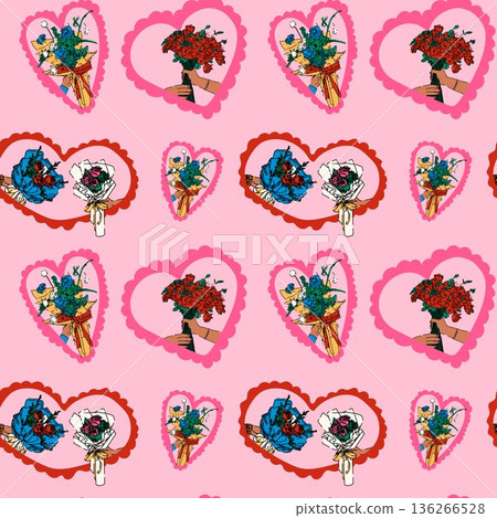 Romantic Flower Bouquets in Heart Frames Seamless Pattern Romantic Flower Bouquets in Heart Frames Seamless Pattern 136266528