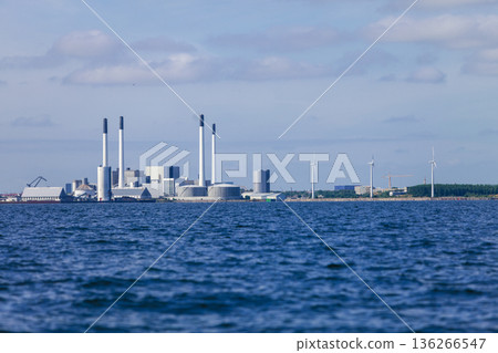 Power plant and wind turbines farm in Baltic Sea, Denmark 136266547