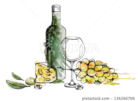 Gourmet still life of wine bottle, balloon glass, maasdam cheese, olive fruits, slices and leaves, grape bunch. Isolated illustration hand drawn in watercolor and ink for menus, artisanal food market. Gourmet still life of wine bottle, balloon glass, maasdam cheese, olive fruits, slices and leaves, grape bunch. Isolated illustration hand drawn in watercolor and ink for menus, artisanal food market. 136266706