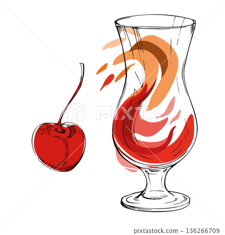Modern Tequila Sunrise, Mai Tai, fruit or berry lemonade, red and orange juice swirl with liquid drops in hand drawn highball glass. Ink vector for product design, lifestyle branding, and bar sets. Modern Tequila Sunrise, Mai Tai, fruit or berry lemonade, red and orange juice swirl with liquid drops in hand drawn highball glass. Ink vector for product design, lifestyle branding, and bar sets. 136266709