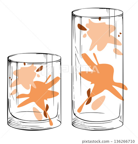 Warm beige and creamy orange amorphous splashes in tumbler and highball hand drawn glasses, ink outlines. Golden vector palette for tea, cocoa or coffee. Branding kits, menus, and promotional prints. Warm beige and creamy orange amorphous splashes in tumbler and highball hand drawn glasses, ink outlines. Golden vector palette for tea, cocoa or coffee. Branding kits, menus, and promotional prints. 136266710
