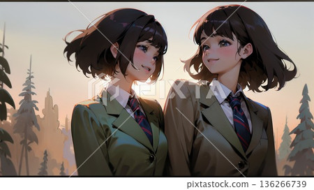 A high school girl looking up at the sky in the sunset 136266739