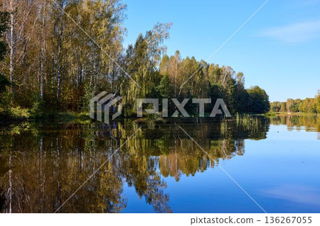 Tranquil River Reflections of Autumn Trees Tranquil River Reflections of Autumn Trees 136267055