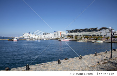 Marine Messe Fukuoka and Hakata Port International Terminal seen from the opposite bank of Hakata Port 136267546