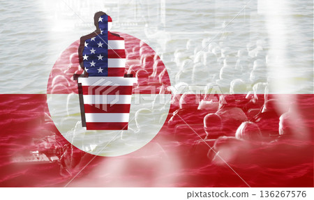 USA flag with Greenland flag overlay, crowd and speaker silhouette concept. Trump Greenland buy idea, US flag with Greenland silhouette USA flag with Greenland flag overlay, crowd and speaker silhouette concept. Trump Greenland buy idea, US flag with Greenland silhouette 136267576
