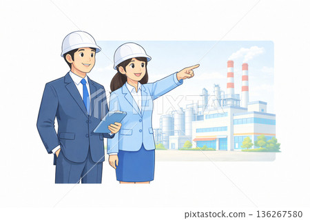 一幅扁平化插圖（色彩明亮），描繪了一位戴著頭盔的商務人士指著一家工廠進行講解（白色背景）。 136267580
