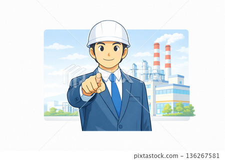 一幅平面插圖，描繪了一位戴著安全帽的商務人士指著一家工廠進行講解（白色背景）。 136267581