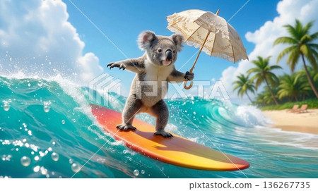 一隻小無尾熊撐著陽傘在美麗的南海裡衝浪 一隻小無尾熊撐著陽傘在美麗的南海裡衝浪 136267735