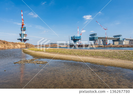 The Shin-Meishin Expressway under construction crossing the Yodo River in Takatsuki and Hirakata cities, Osaka Prefecture The Shin-Meishin Expressway under construction crossing the Yodo River in Takatsuki and Hirakata cities, Osaka Prefecture 136267780