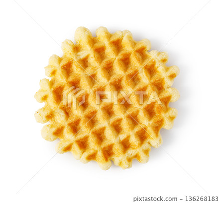 Round golden waffle pastry isolated on white background Round golden waffle pastry isolated on white background 136268183