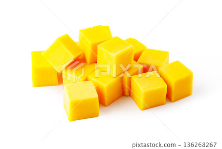 Yellow cheddar cheese cubes on white background Yellow cheddar cheese cubes on white background 136268267
