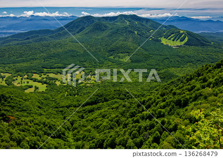 Mount Iizuna seen from the Togakushi mountain range in summer Mount Iizuna seen from the Togakushi mountain range in summer 136268479