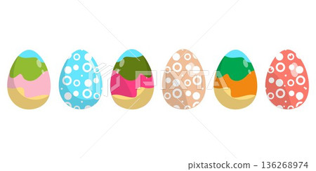 Collection of colorful Easter eggs featuring floral daisy patterns and abstract modern designs in pastel and vibrant tones. Perfect for spring holiday decoration, greeting cards, social media graphics 136268974