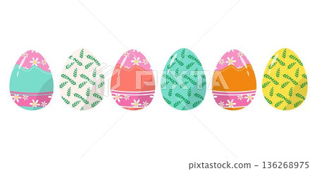 Collection of colorful Easter eggs featuring floral daisy patterns and abstract modern designs in pastel and vibrant tones. Perfect for spring holiday decoration, greeting cards, social media graphics Collection of colorful Easter eggs featuring floral daisy patterns and abstract modern designs in pastel and vibrant tones. Perfect for spring holiday decoration, greeting cards, social media graphics 136268975