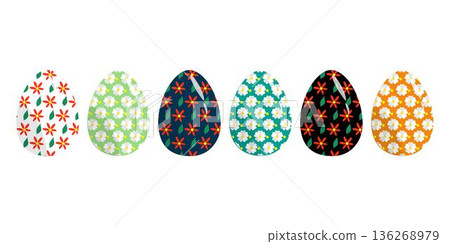 Collection of colorful Easter eggs featuring floral daisy patterns and abstract modern designs in pastel and vibrant tones. Perfect for spring holiday decoration, greeting cards, social media graphics Collection of colorful Easter eggs featuring floral daisy patterns and abstract modern designs in pastel and vibrant tones. Perfect for spring holiday decoration, greeting cards, social media graphics 136268979