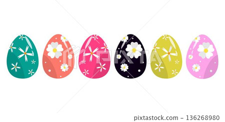 Collection of colorful Easter eggs featuring floral daisy patterns and abstract modern designs in pastel and vibrant tones. Perfect for spring holiday decoration, greeting cards, social media graphics Collection of colorful Easter eggs featuring floral daisy patterns and abstract modern designs in pastel and vibrant tones. Perfect for spring holiday decoration, greeting cards, social media graphics 136268980