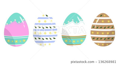 Collection of colorful Easter eggs featuring floral daisy patterns and abstract modern designs in pastel and vibrant tones. Perfect for spring holiday decoration, greeting cards, social media graphics Collection of colorful Easter eggs featuring floral daisy patterns and abstract modern designs in pastel and vibrant tones. Perfect for spring holiday decoration, greeting cards, social media graphics 136268981