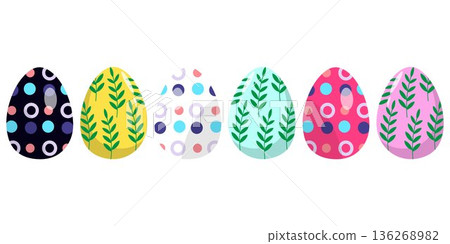 Collection of colorful Easter eggs featuring floral daisy patterns and abstract modern designs in pastel and vibrant tones. Perfect for spring holiday decoration, greeting cards, social media graphics Collection of colorful Easter eggs featuring floral daisy patterns and abstract modern designs in pastel and vibrant tones. Perfect for spring holiday decoration, greeting cards, social media graphics 136268982
