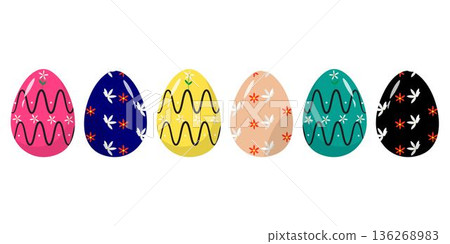 Collection of colorful Easter eggs featuring floral daisy patterns and abstract modern designs in pastel and vibrant tones. Perfect for spring holiday decoration, greeting cards, social media graphics Collection of colorful Easter eggs featuring floral daisy patterns and abstract modern designs in pastel and vibrant tones. Perfect for spring holiday decoration, greeting cards, social media graphics 136268983