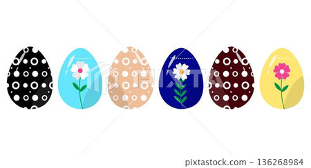Collection of colorful Easter eggs featuring floral daisy patterns and abstract modern designs in pastel and vibrant tones. Perfect for spring holiday decoration, greeting cards, social media graphics Collection of colorful Easter eggs featuring floral daisy patterns and abstract modern designs in pastel and vibrant tones. Perfect for spring holiday decoration, greeting cards, social media graphics 136268984