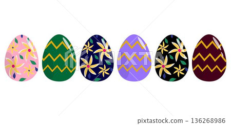 Collection of colorful Easter eggs featuring floral daisy patterns and abstract modern designs in pastel and vibrant tones. Perfect for spring holiday decoration, greeting cards, social media graphics 136268986