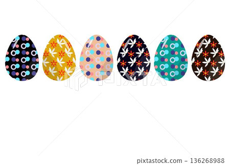 Collection of colorful Easter eggs featuring floral daisy patterns and abstract modern designs in pastel and vibrant tones. Perfect for spring holiday decoration, greeting cards, social media graphics 136268988