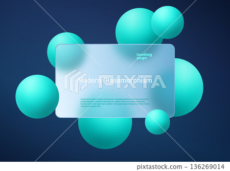 Abstract glassmorphism landing page panel with turquoise floating spheres on dark blue gradient background 136269014
