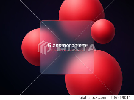 Abstract glassmorphism square panel with red floating spheres on dark gradient background 136269015