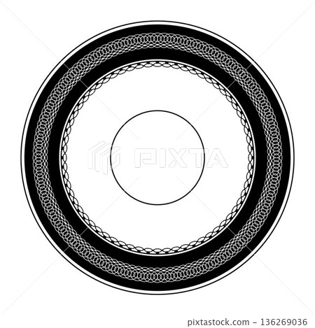 Striking black and white concentric circular design featuring ornate chain link patterns and central circular element. Bold, graphic frame or border. For ceramic, porcelain, plate, textile, embroidery Striking black and white concentric circular design featuring ornate chain link patterns and central circular element. Bold, graphic frame or border. For ceramic, porcelain, plate, textile, embroidery 136269036