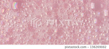 Bubbles of body gel or soap foam or shaving gel. Closeup. 136269082