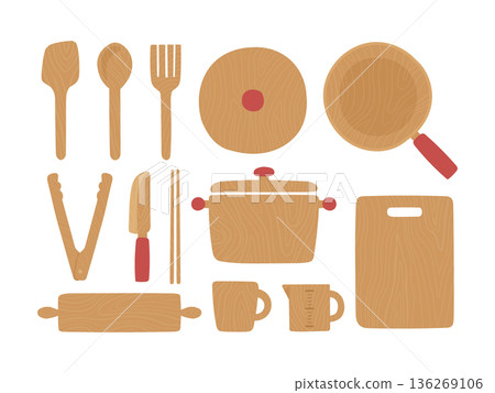 Illustration of a collection of natural wooden cookware Illustration of a collection of natural wooden cookware 136269106