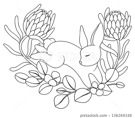 Easter composition with a cute vector Easter bunny, flowers, and eucalyptus leaves. Coloring page. 136269188