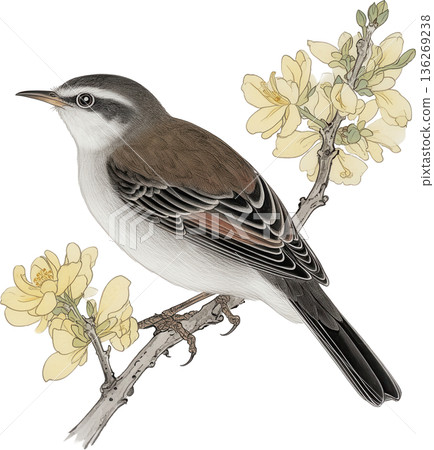 Japanese-style bird and flower illustration set (Japanese style, spring, cutout) 136269238