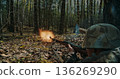 German soldier firing rifle with muzzle flash in forest battle German soldier firing rifle with muzzle flash in forest battle 136269290