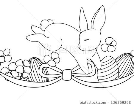 Seamless frame with cute vector Easter bunnies, bows, and flowers. Coloring page. 136269298