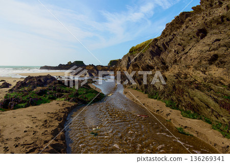 A small stream winds its way through the brown sand of a sunny beach towards the vast ocean beyond. To the right, rocky cliffs rise, topped with green vegetation. A small stream winds its way through the brown sand of a sunny beach towards the vast ocean beyond. To the right, rocky cliffs rise, topped with green vegetation. 136269341