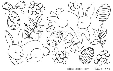 An Easter set with cute vector Easter bunnies, flowers, bows, and ribbons. Coloring page. 136269364