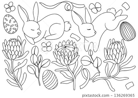 An Easter set with cute vector Easter bunnies, flowers, bows, and ribbons. Coloring page. An Easter set with cute vector Easter bunnies, flowers, bows, and ribbons. Coloring page. 136269365